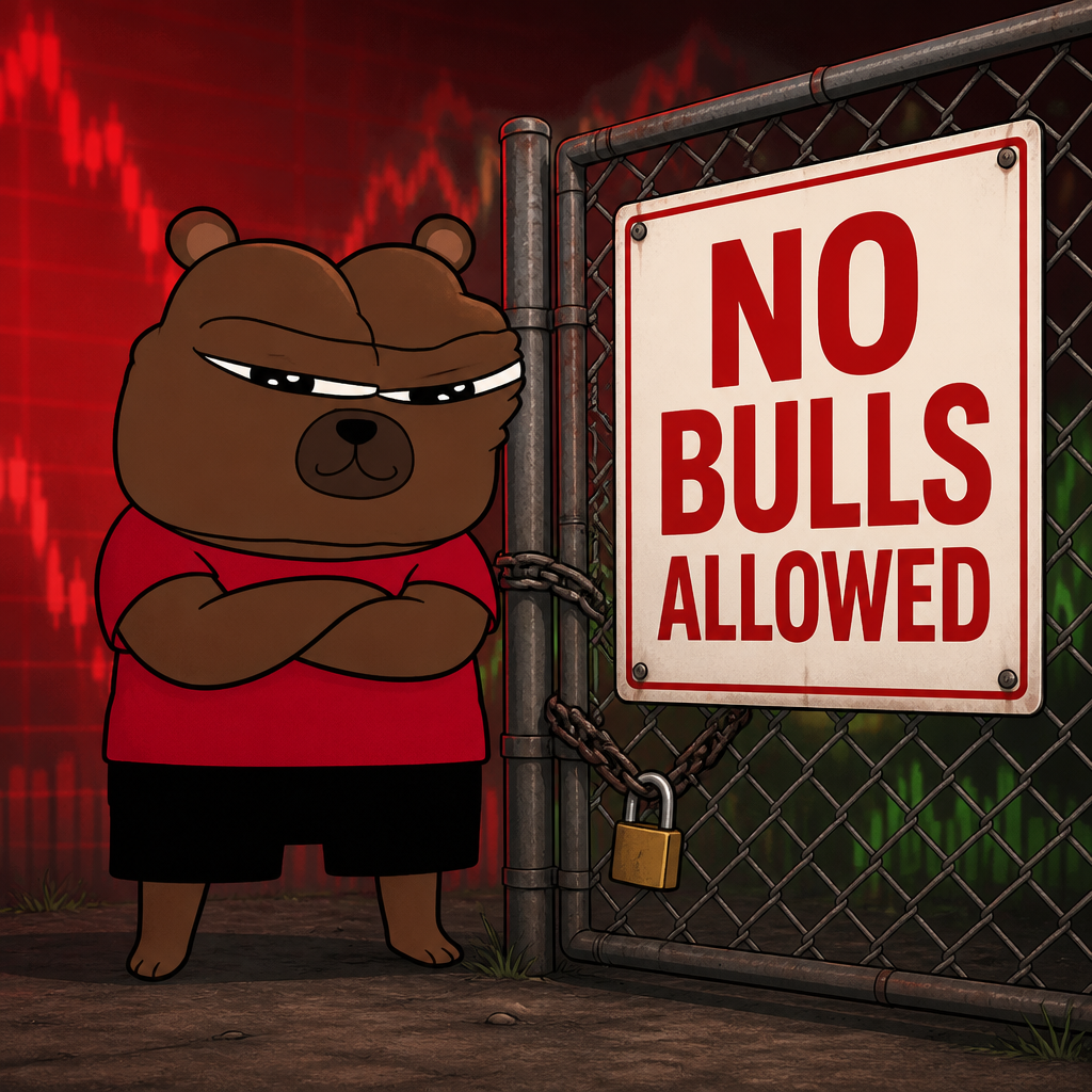 Bobo beside a locked gate with a No Bulls Allowed sign