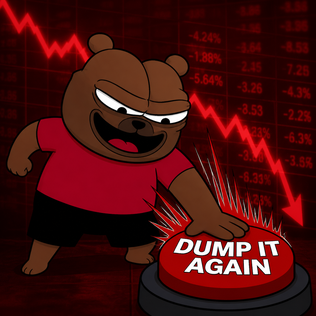 Bobo slamming a red dump it again button in front of a falling market chart